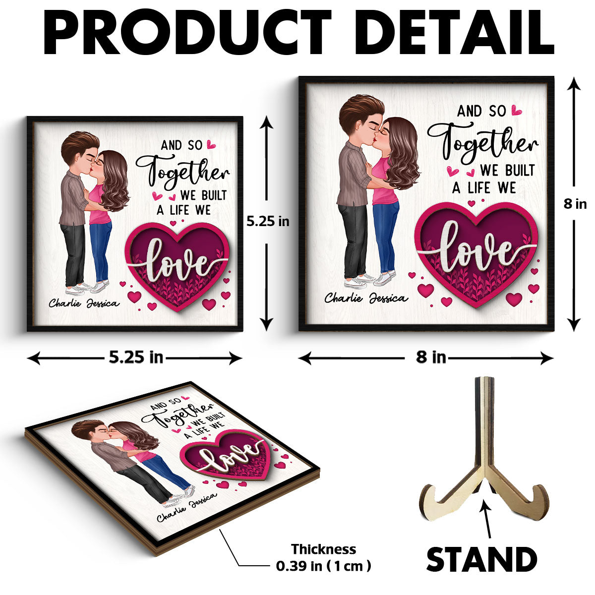 Couple Kissing Pink Heart Valentine‘s Day Gift For Him For Her Personalized 2-Layer Wooden Plaque