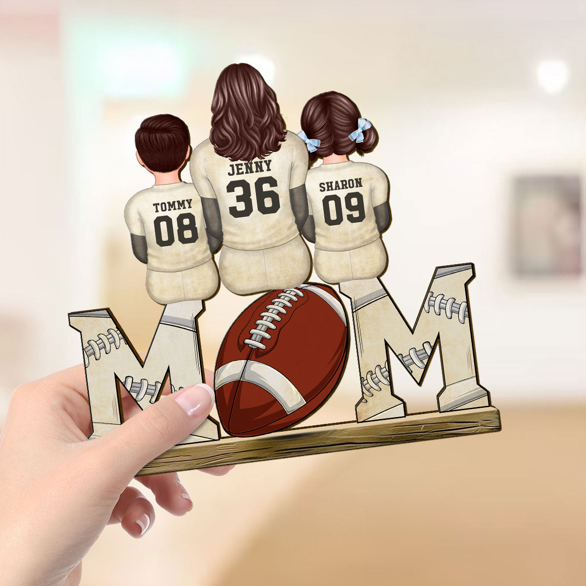 Football Mom And Kids Personalized Standing Wooden Plaque, Gift for Mom, Gift for Wife