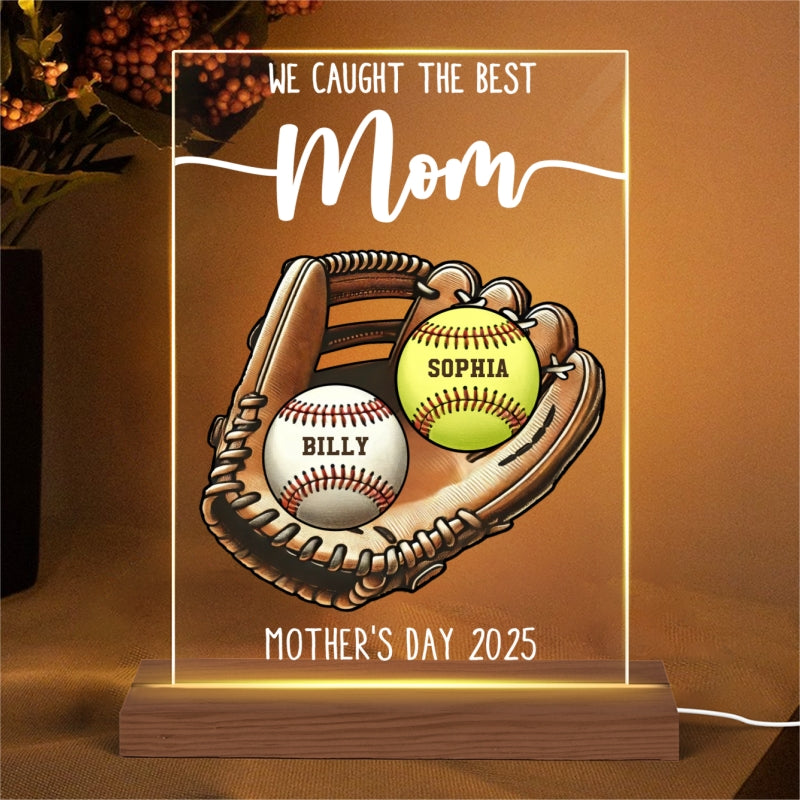 We Caught The Best Mom Baseball, Softball Personalized LED Night Light, Custom Kid's Name, Mother's Day, Gift For Wife, Gift For Mom