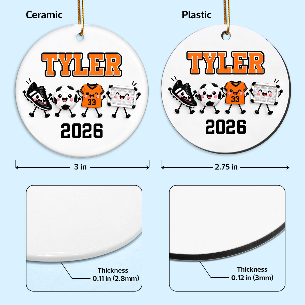 Soccer Things 2D Flat - Personalized Ceramic Ornament – Custom Name Soccer Christmas Keepsake Gift for Player, Son, Daughter, Teen & Soccer Fan