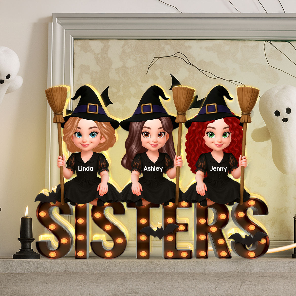 Halloween Besties Sisters Witches Sitting On Marquee Personalized Light Box