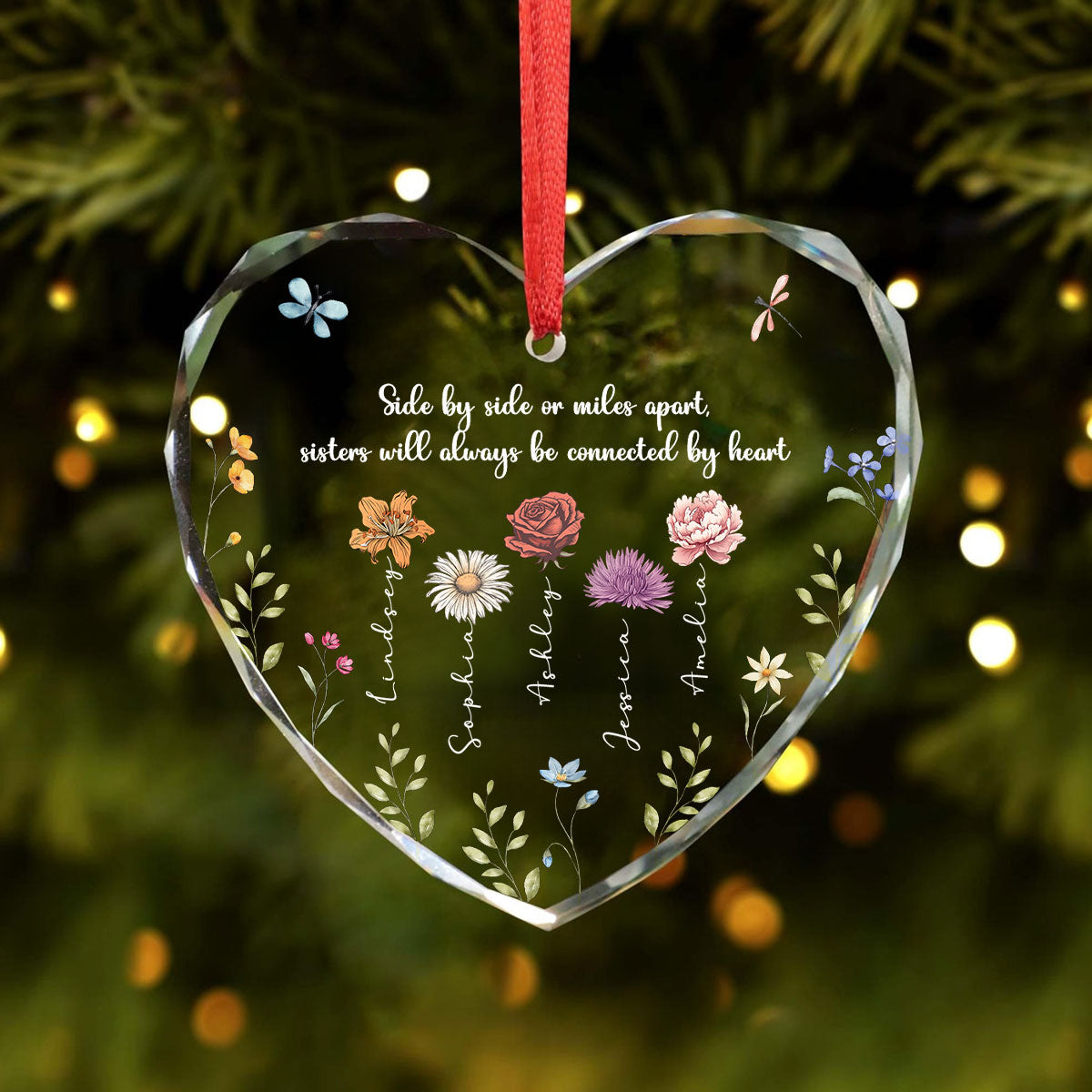 Sisters Are Different Flowers From The Same Garden Personalized Heart Glass Ornament, Christmas Gift For Sisters