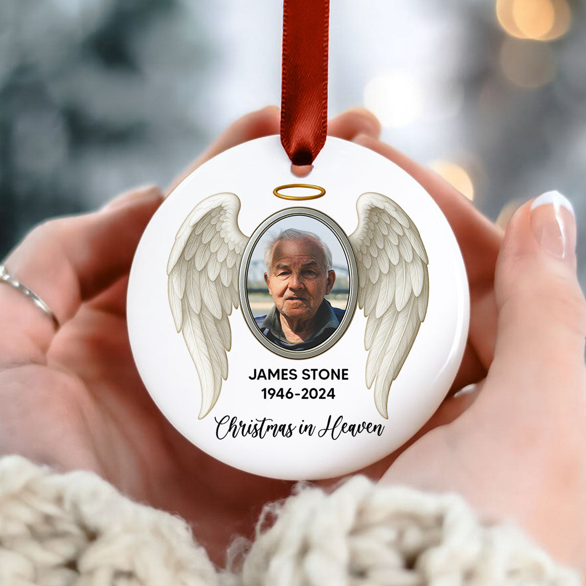 Heavenly Halo & Wings Memorial Ceramic Ornament, Personalized Keepsake Christmas Ornament, Sympathy Gift For Loss Of Loved Ones