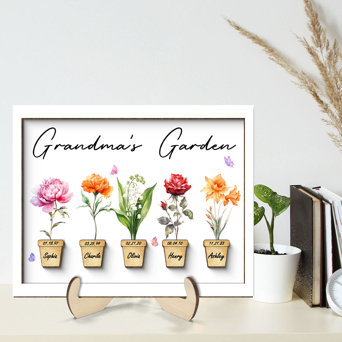 Family Grandma Garden Flower Pot Beautiful Birth Month Flowers Personalized 2-Layer Wooden Plaque