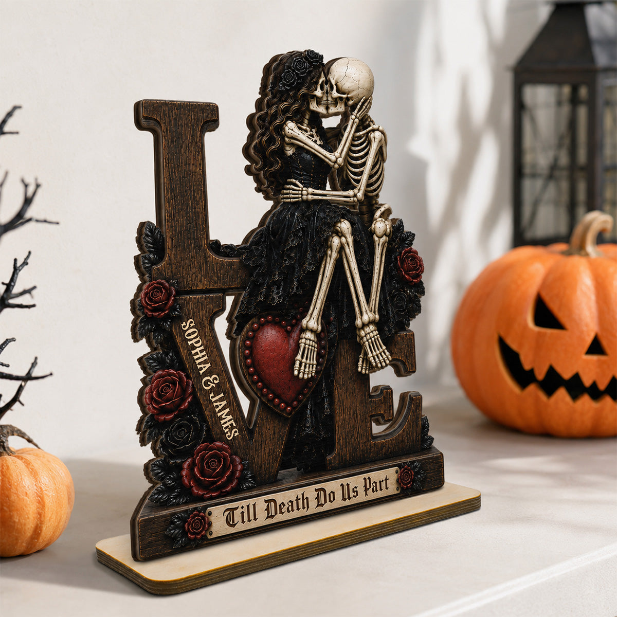 Skeleton Couple Kissing Eternal LOVE 2D Flat - Personalized 2-Layered Wooden Plaque - Halloween Decor For Couple