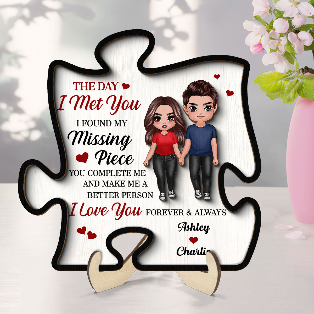 Doll Couple Found My Missing Piece Valentine‘s Day Anniversary Gift For Him For Her Personalized 2-Layer Wooden Plaque