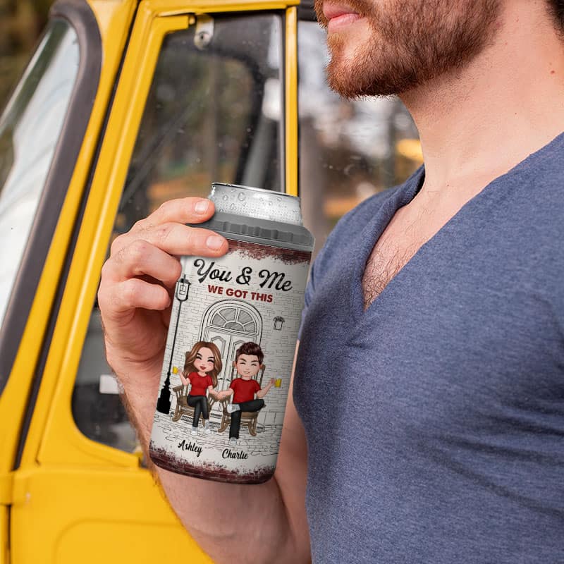 Couple Sitting Front Porch Sketch Personalized 4 In 1 Can Cooler