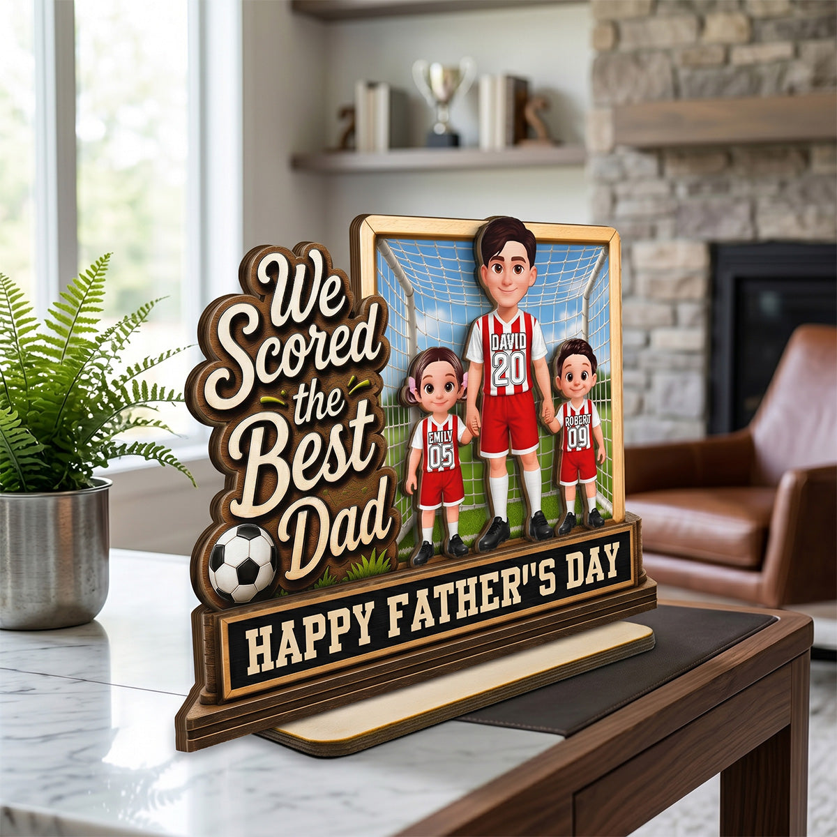 We Scored The Best Dad Dad & Kids In Goal 2D Flat - Personalized 2-Layered Wooden Plaque - Father's Day Gift For Soccer Dad, UK Football Dad