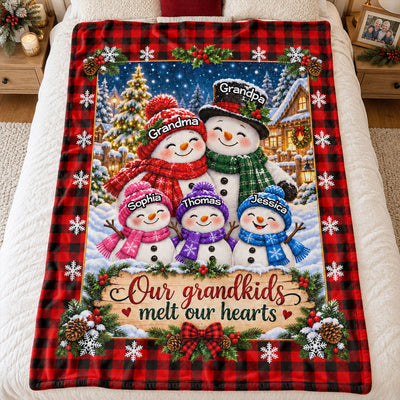 Cute Snowman Grandparents & Grandkids - Personalized Fleece Blanket - Christmas Gift For Grandparents