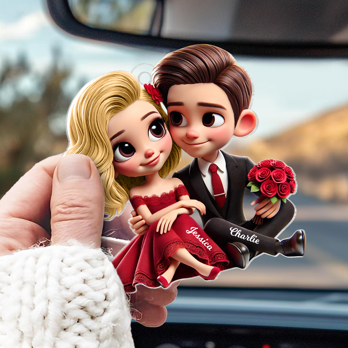 Romantic Elegant  Couple Personalized Acrylic Car Hanger, Anniversary Gift for him, Gift for her