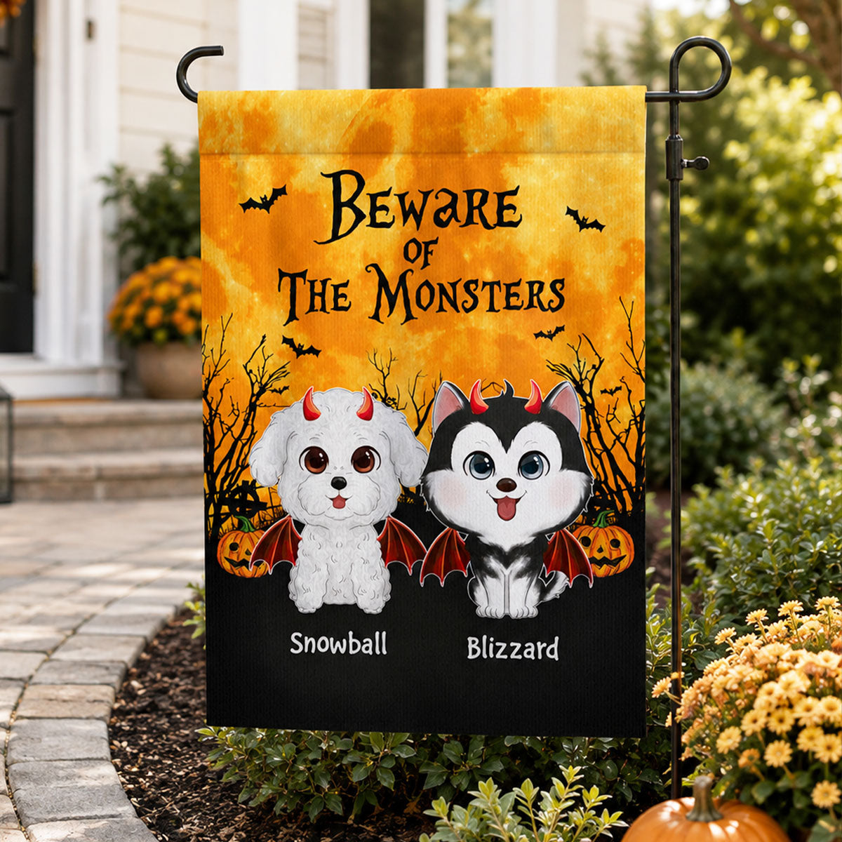 Halloween Theme Beware Of The Monsters Dogs - Personalized Garden Flag - Halloween Decor For Dog Lovers