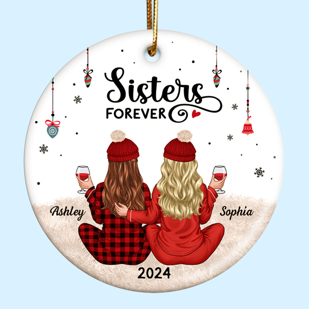 Back View Pajamas Sisters Forever Personalized Ceramic Ornament, Christmas Gift For Sisters
