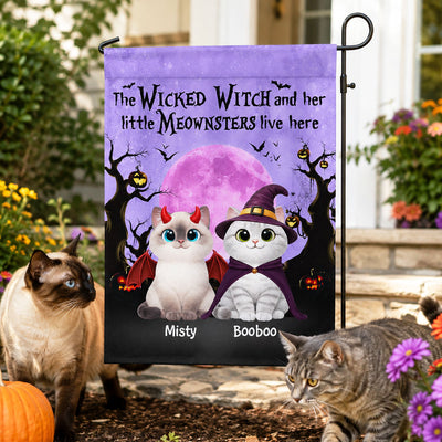 Halloween Theme The Wicked Witch And Her Meownsters Cats Live Here - Personalized Garden Flag - Halloween Decor For Cat Lovers