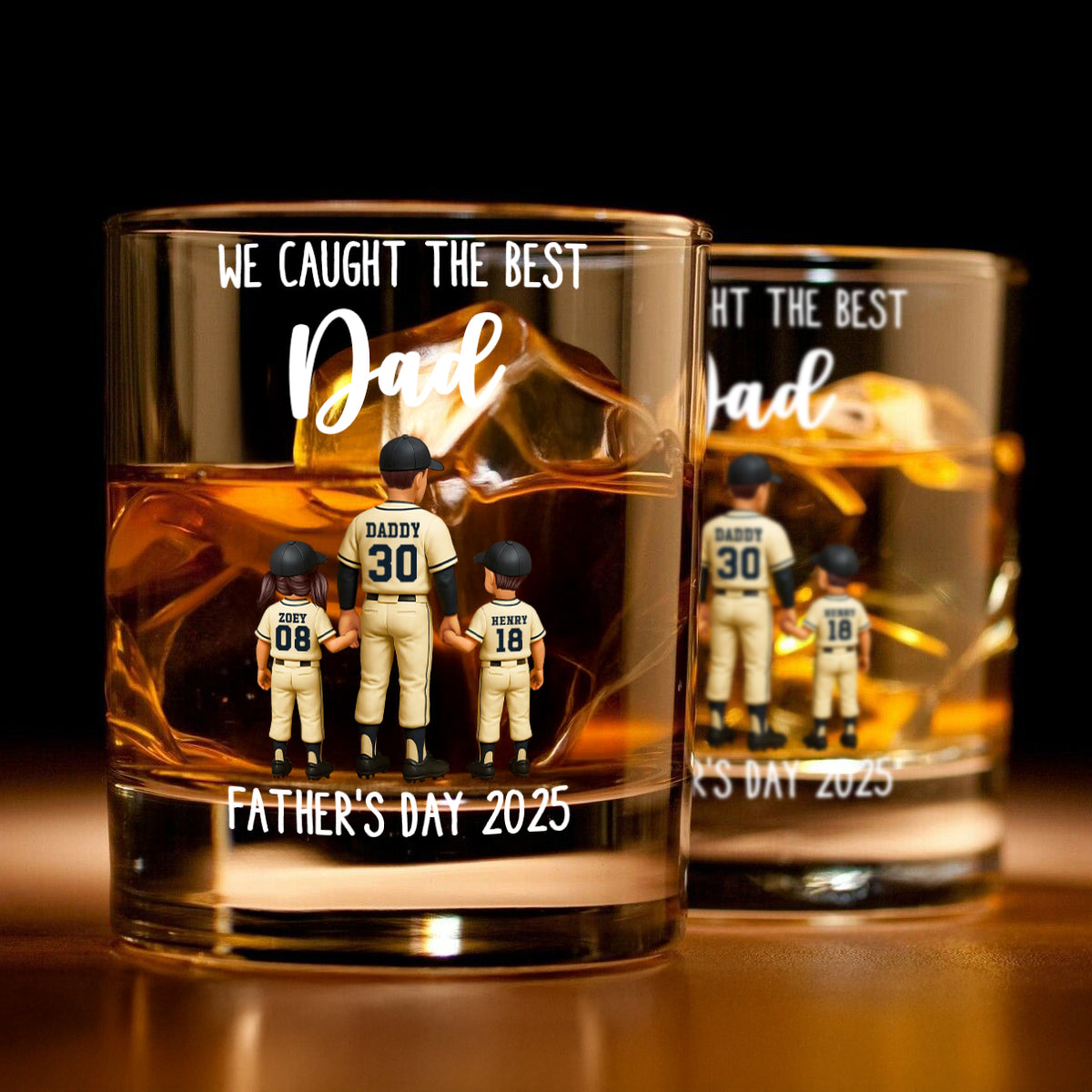 We Caught The Best Dad Baseball Personalized Whiskey Glass, Dad And Kids Holdhing Hands, Father's Day Gift for Dads