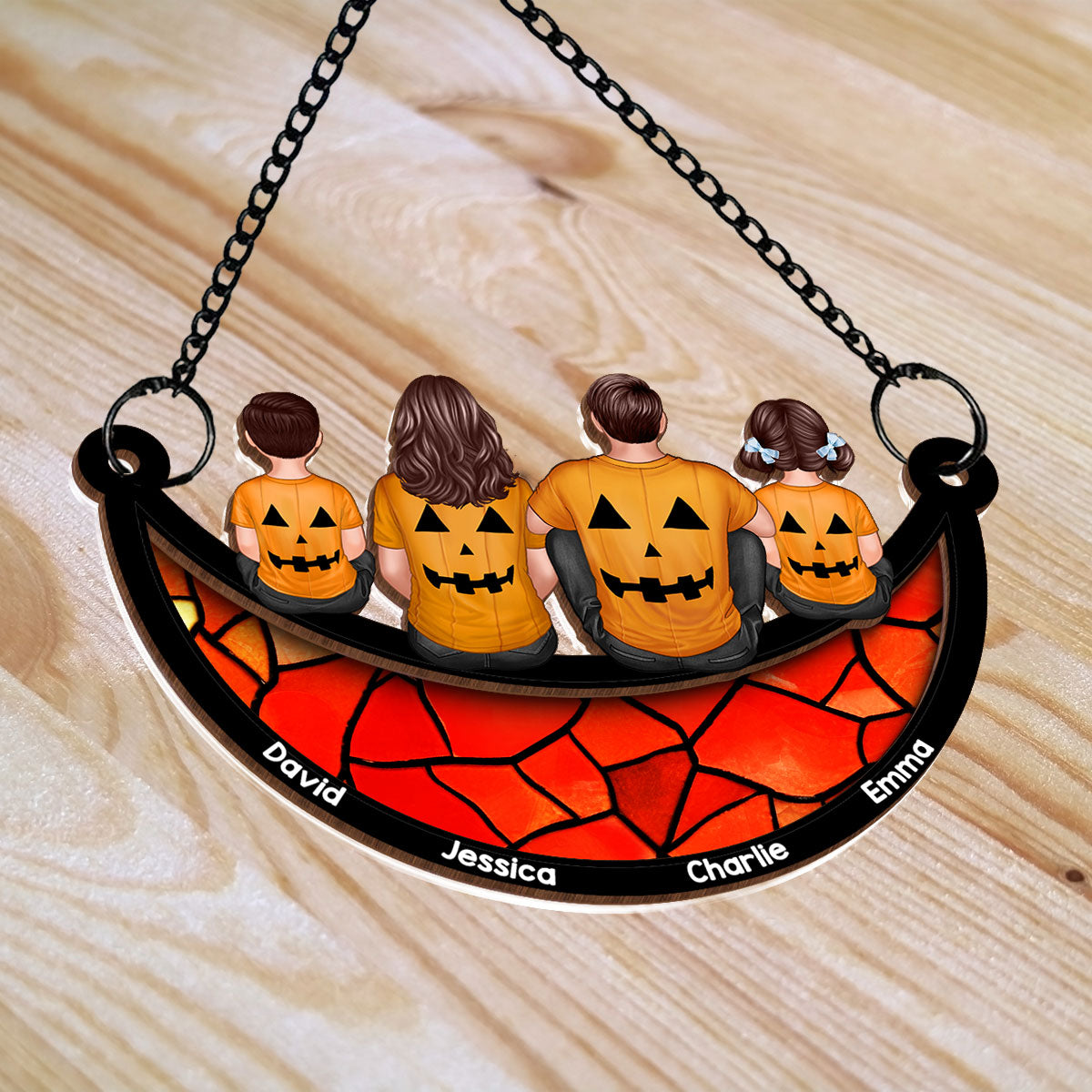 Halloween Family On Moon Personalized Suncatcher, Halloween Decoration