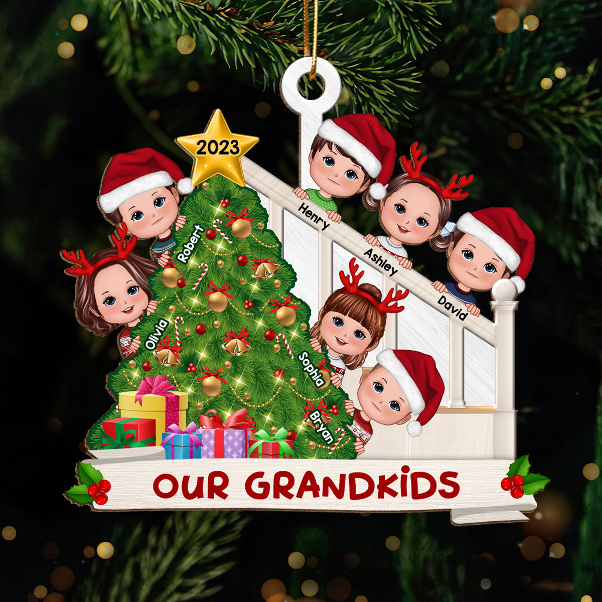 Christmas Tree And Stair Doll Grandkids Gift For Grandma Grandpa Grandparents Personalized Wooden Ornament