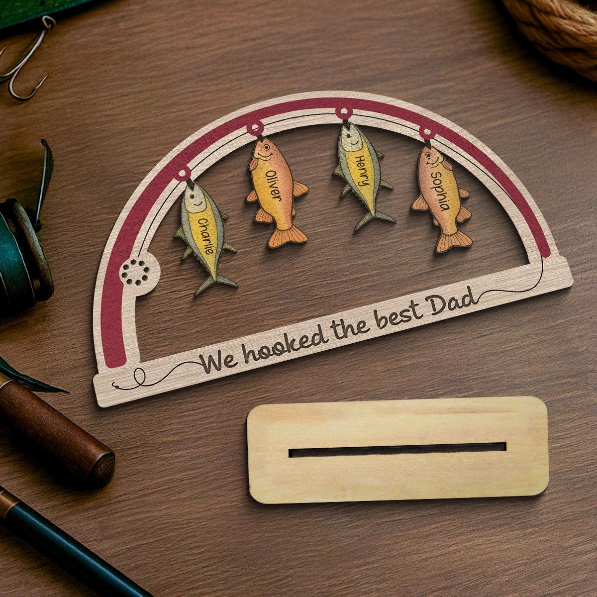 We're Hooked The Best Dad Grandpa Fishing Personalized 2-Layer Standing Wooden Plaque, Father's Day Gift For Dad, Gift for Husband