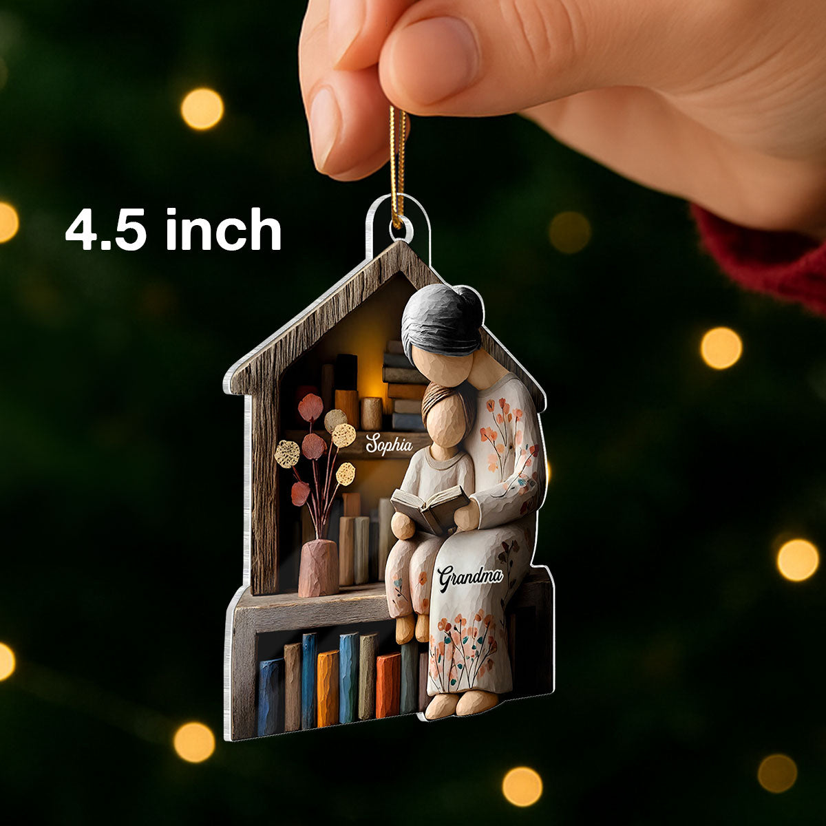 3D Effect Wooden Grandma Grandkid Reading Book - Personalized Acrylic Ornament - Heartwarming Christmas Gift For Grandma, For Family