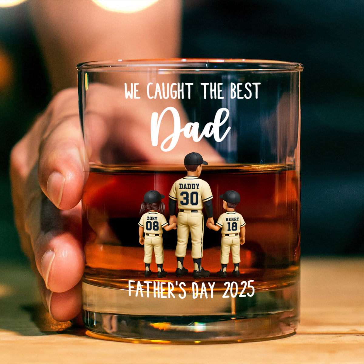 We Caught The Best Dad Baseball Personalized Whiskey Glass, Dad And Kids Holdhing Hands, Father's Day Gift for Dads