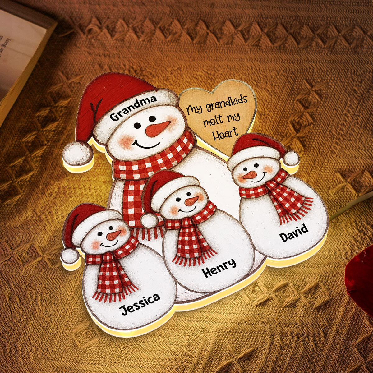 Folk Art Cute Snowman Grandma & Grandkid - Personalized Light Box - Christmas Decor For Grandma