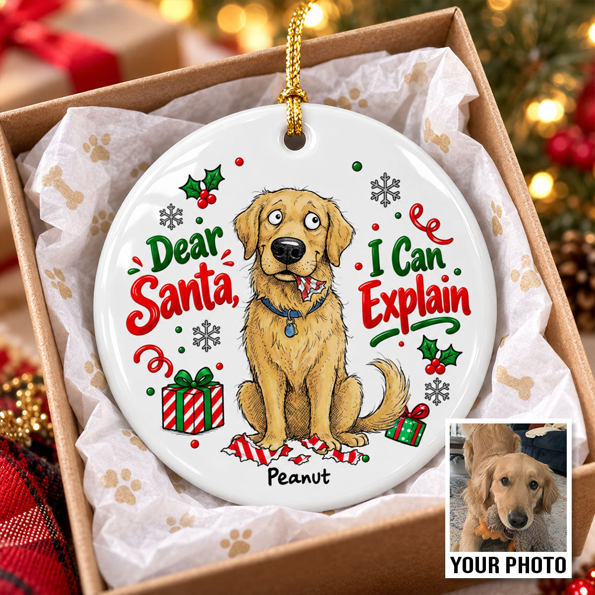 Santa I Can Explain Funny Guilty Dog Portrait From Your Dog Photo - Personalized Ceramic Ornament - Funny Christmas Tree Decor For Dog Lovers