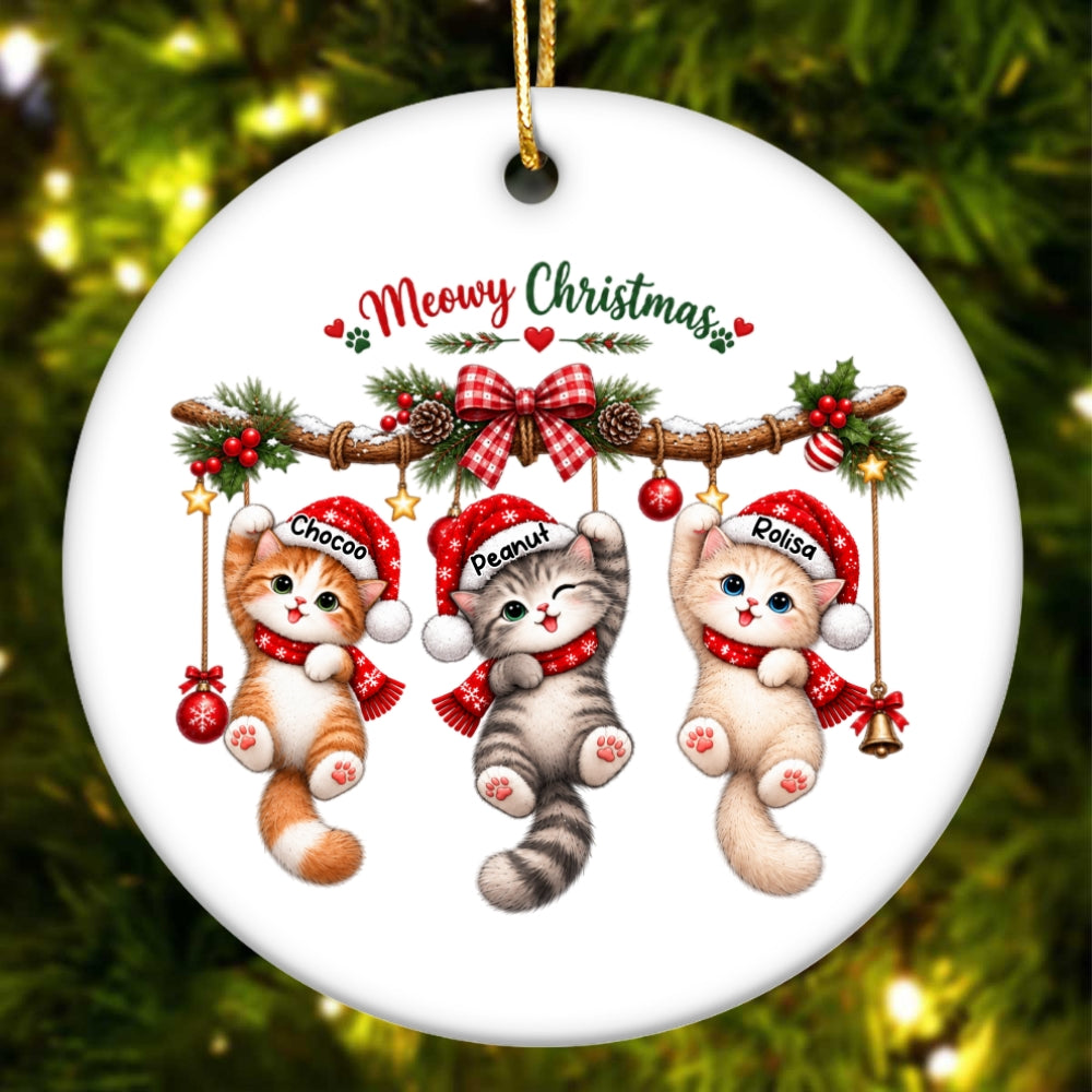 Meowy Christmas Cute Cats Hanging - Personalized Ceramic Ornament - Christmas Gift for Cat Lovers
