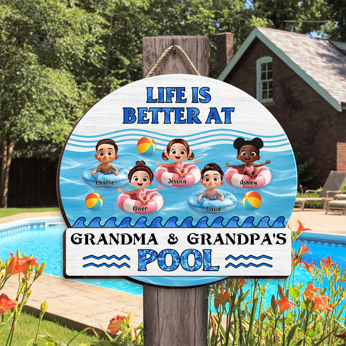 Life is Better at Grandma & Grandpa Pool Personalized Wooden Door Sign, Grandchildren Welcome Sign