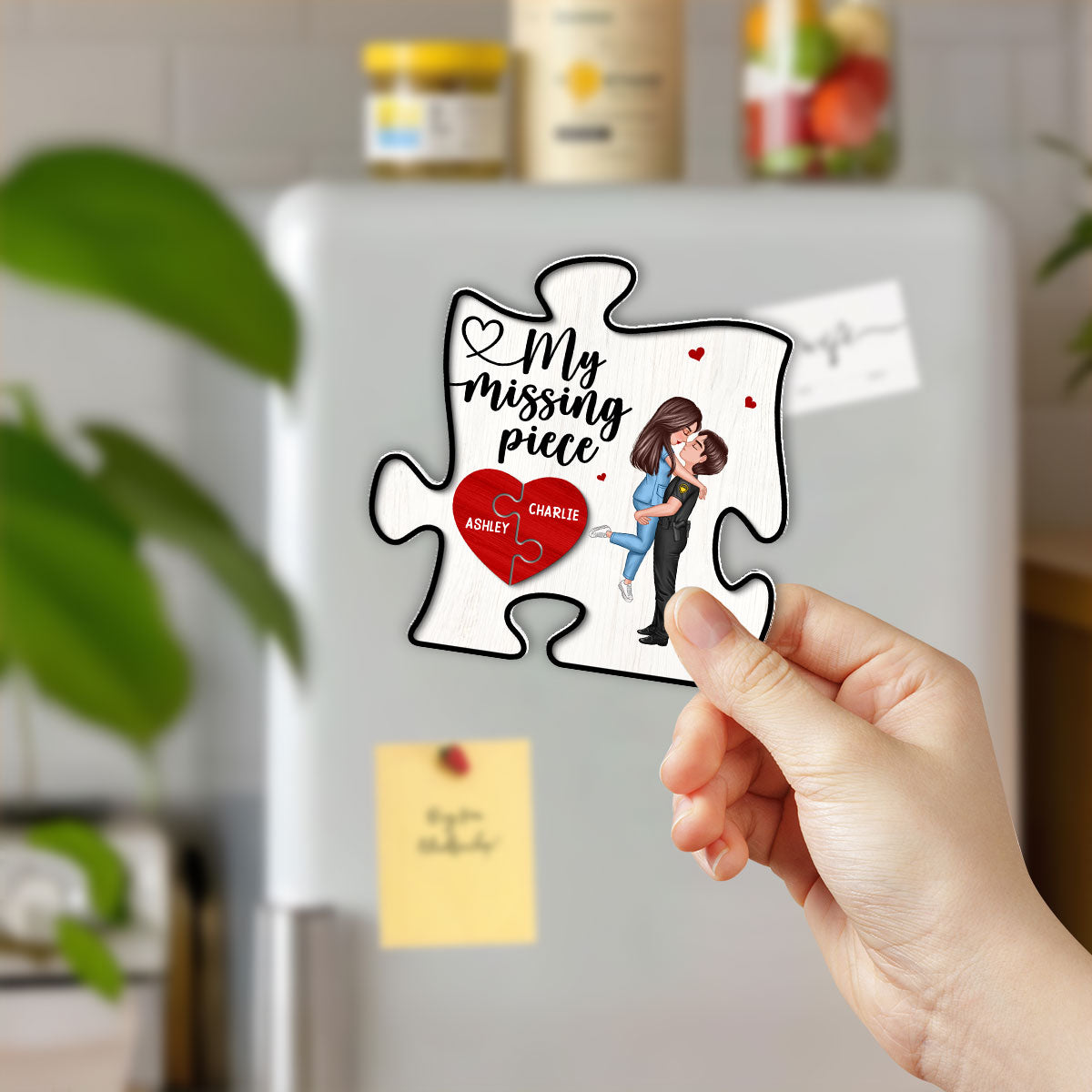 My Missing Piece Couple Hugging Kissing Puzzle Shaped Personalized Acrylic Fridge Magnet