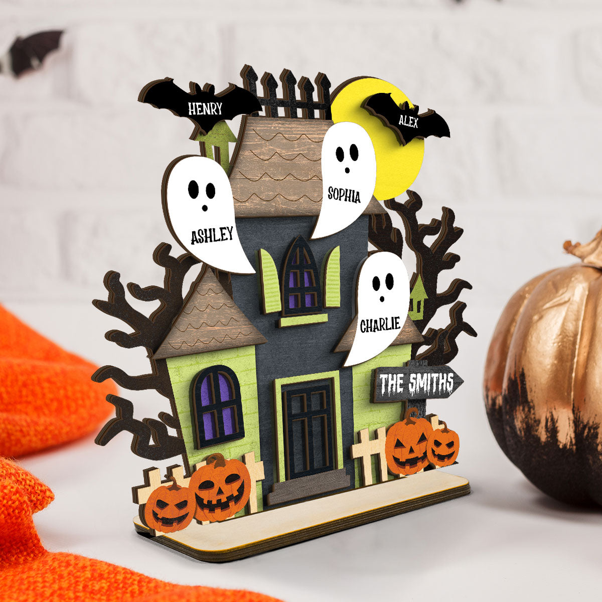 Grandma Family Haunted House Boo Flying Personalized Standing Wooden Plaque, Halloween Decor