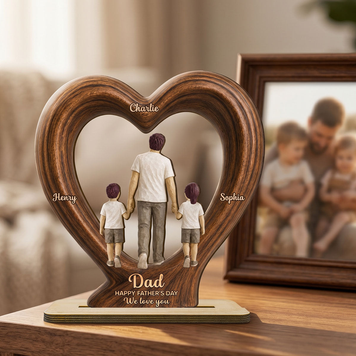Sentimental Rustic Dad And Kids Walking In Heart 2D Flat - Personalized 2-Layered Wooden Plaque - Father's Day Gift For Dad, Husband