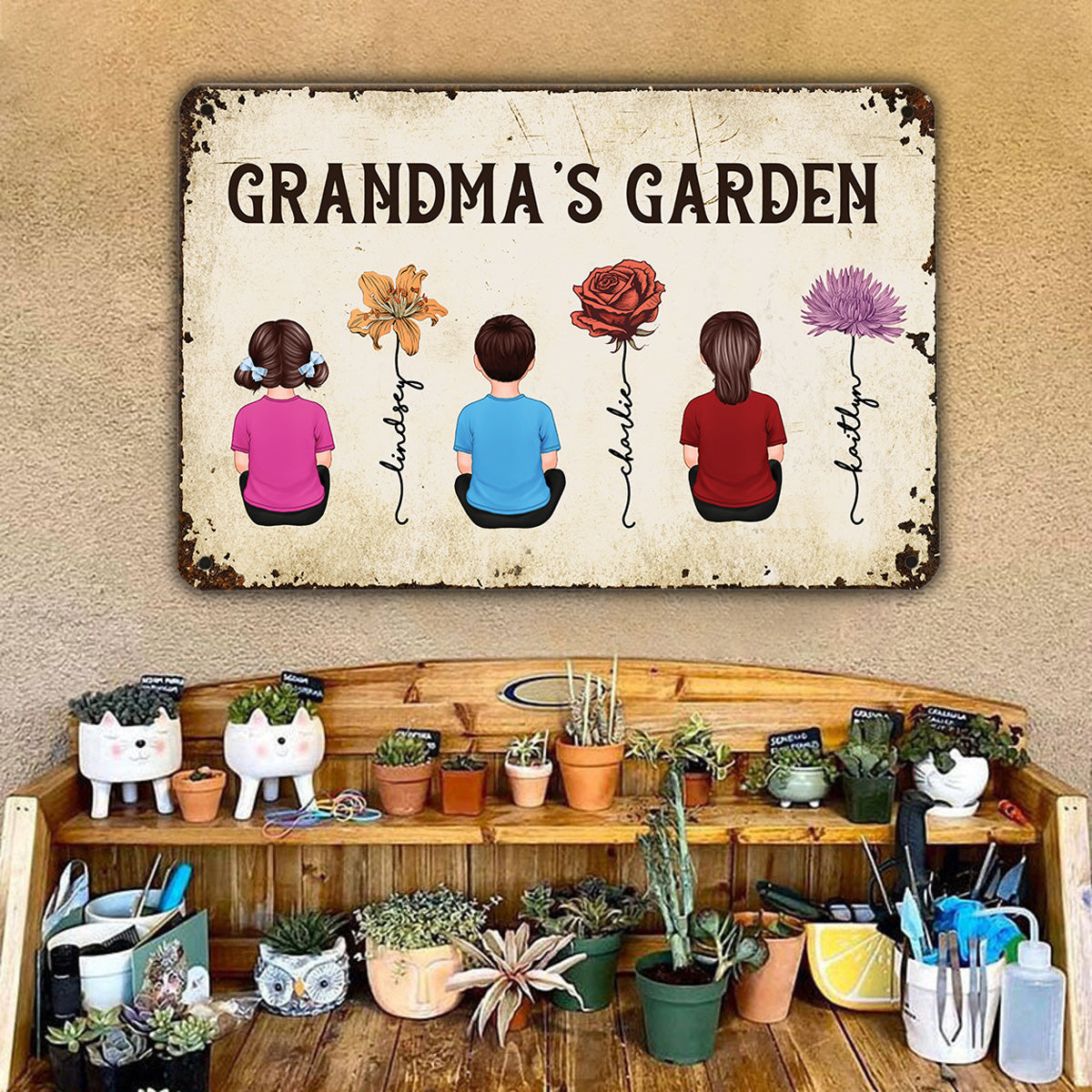 Grandkids Sitting Grandma Garden Vintage Birth Month Flowers Personalized Metal Sign