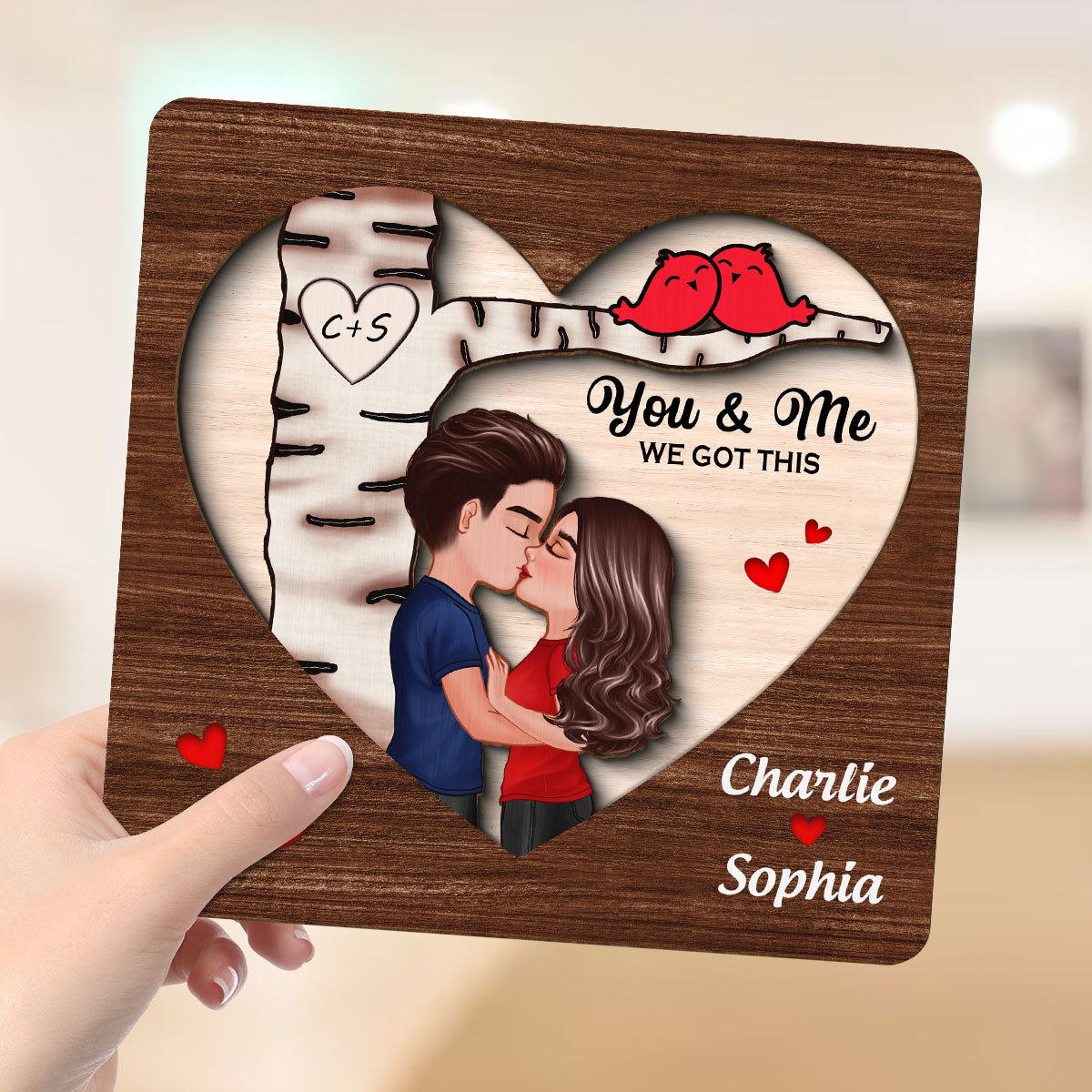 Couple Kissing Under Tree With Love Birds Personalized 2-Layer Wooden Plaque
