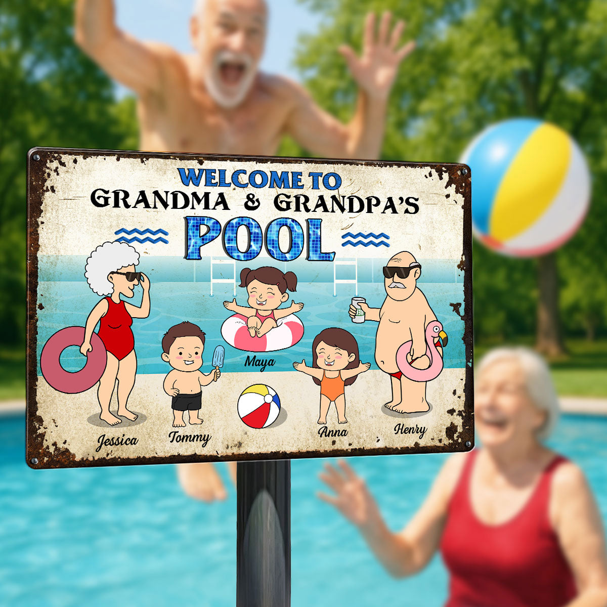 Funny Cartoon Welcome To Grandma Grandpa Pool Personalized Metal Sign