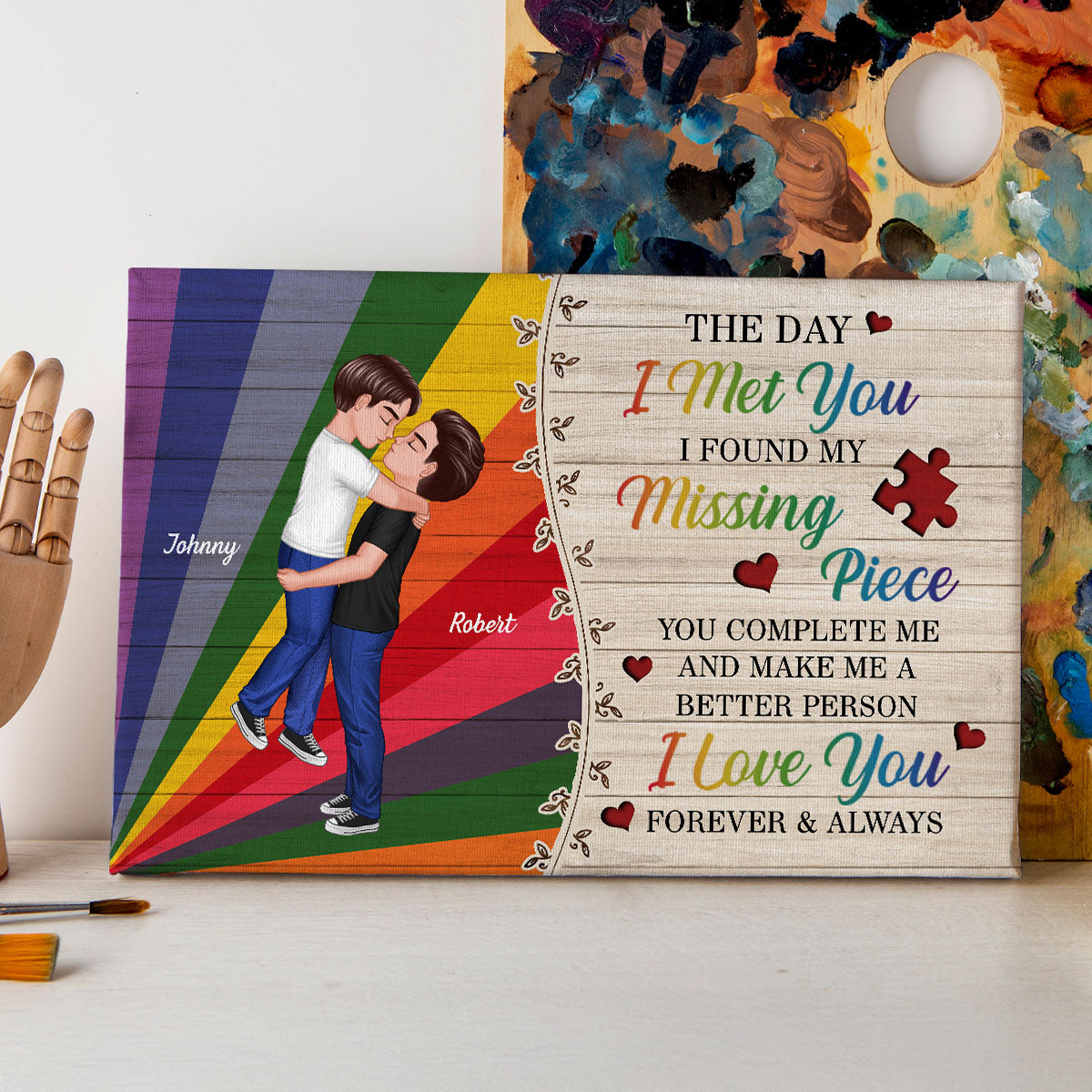 Colorful Wood Pallets The Day I Met You LGBTQ Couple Personalized Canvas, Pride Month Gift