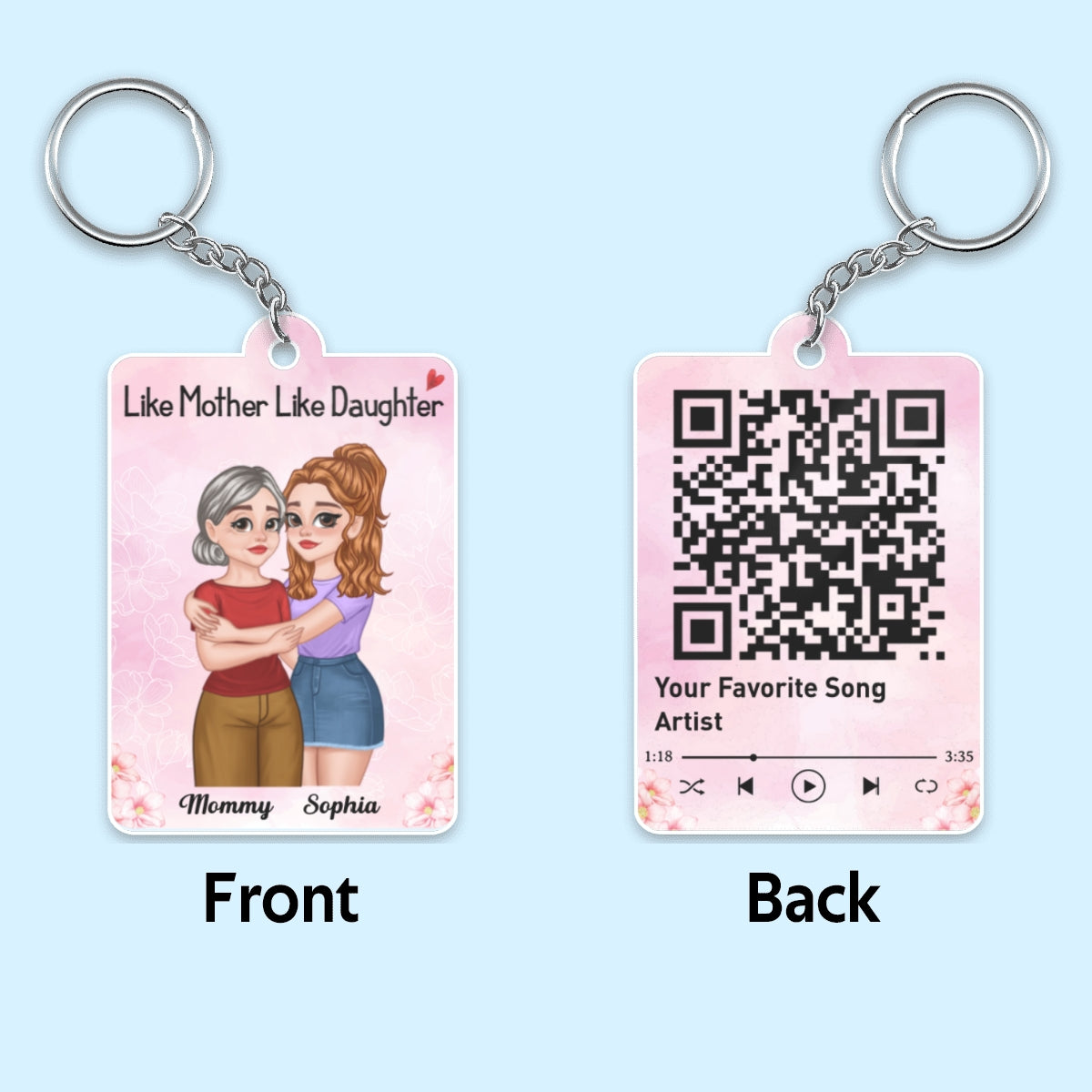 Like Mother Like Daughter Cartoon Hugging Mom Daughter Favorite Song QR Code Personalized Acrylic Keychain
