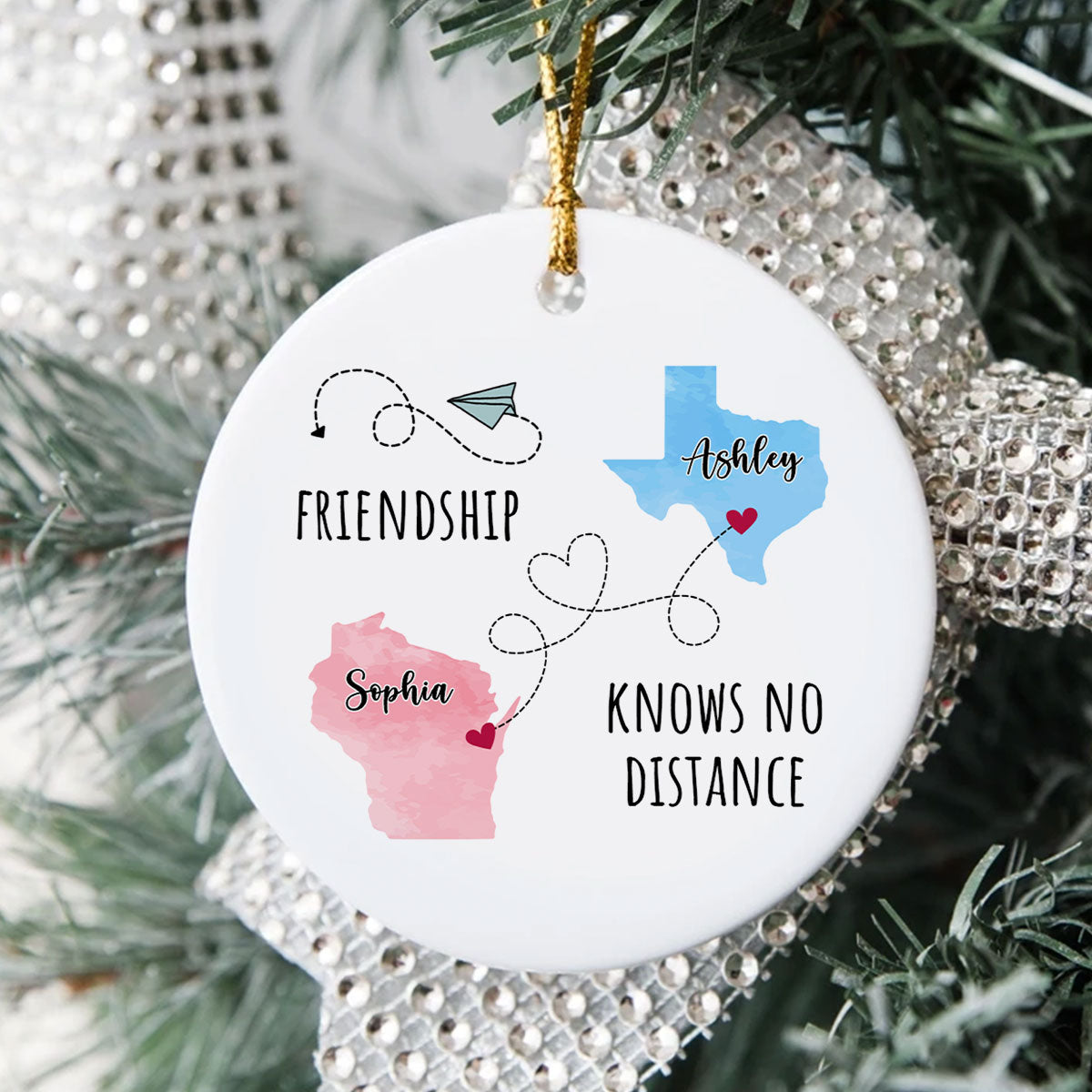 Friendship Sisters Family Love Knows No Distance Personalized Circle Ceramic Ornament, Long Distance State To State Togetherness Gift
