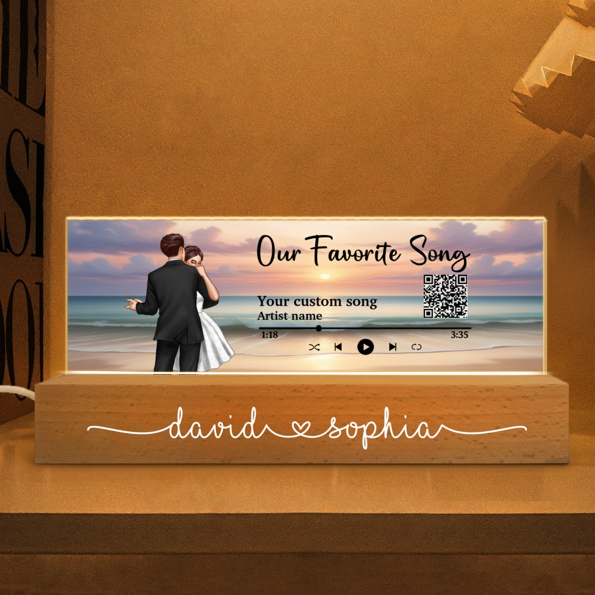 Romantic Dancing Couple On Eternal Sunset Beach Landscape Personalized Acrylic Block LED Night Light