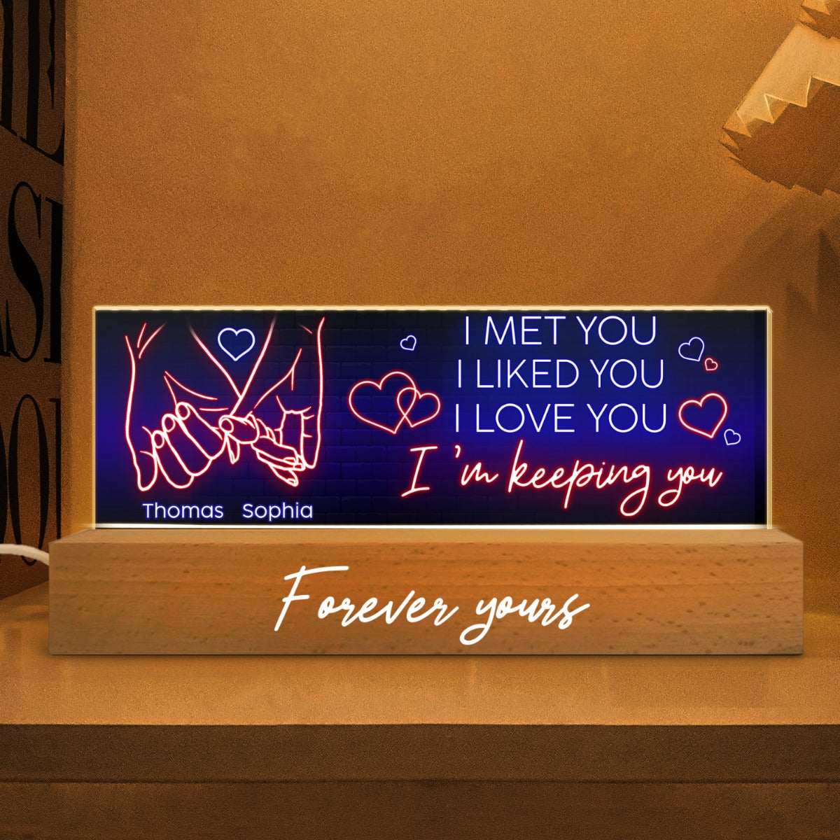 I Love You Forever Yours Couple Hand In Hand Outline Anniversary  Gift Personalized Acrylic Block LED Night Light