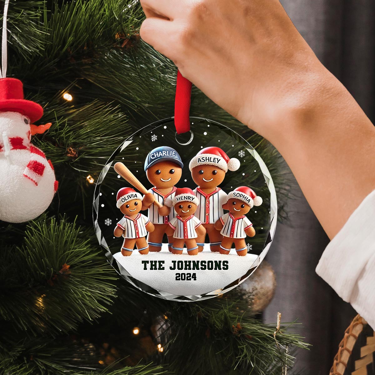 Baseball Gingerbread Family Sport Lover 3D Effect Personalized Glass Ornament