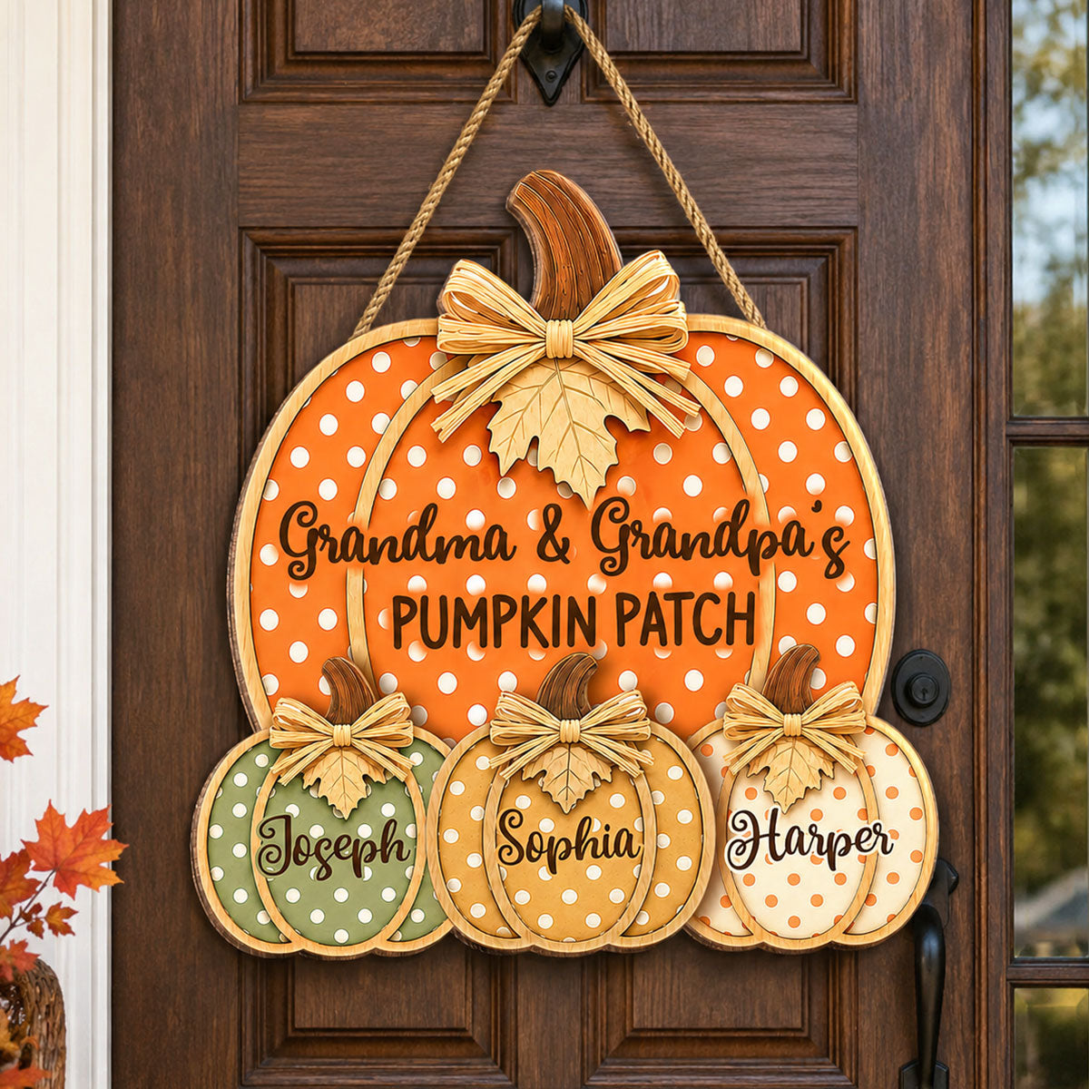 Grandma & Grandpa's Pumpkin Patch Polka Dot 2D Flat Printed - Personalized Door Hanger - Fall Season Decor For Grandparents