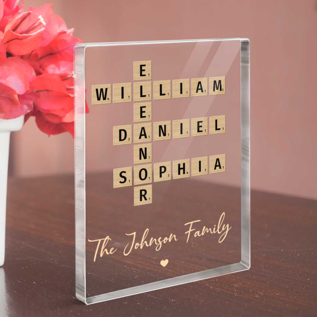 Family Crossword Art Created In A Moment, Treasured Forever - Personalized Acrylic Block Plaque
