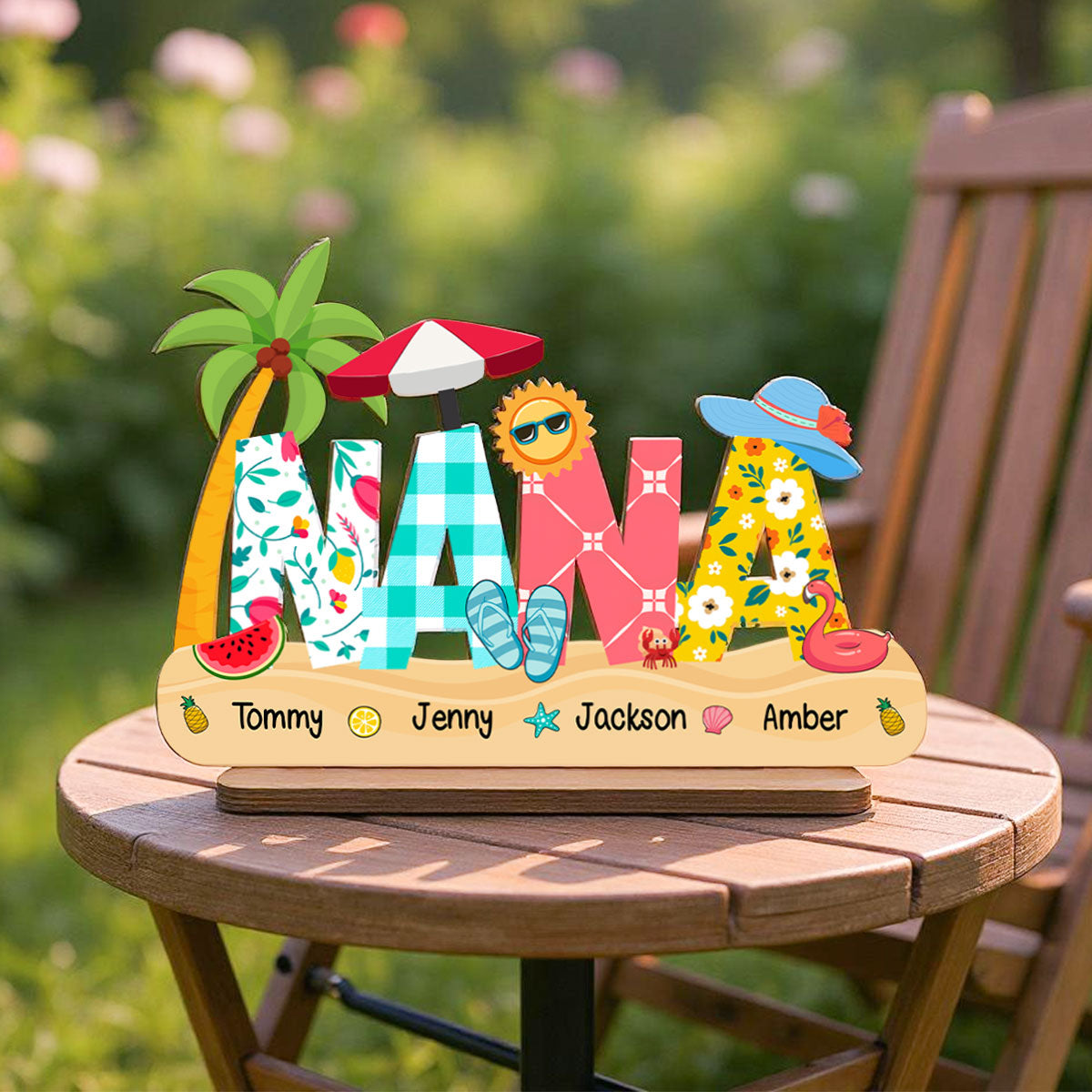 Summer Grandma Mom Pattern Personalized 2-Layer Standing Wooden Plaque