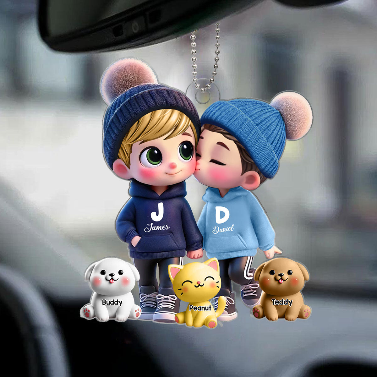 3D Effect Cute Cartoon Couple You Me And The Dog Cat Personalized Acrylic Car Hanger,  Gift for Him, Gift for Her
