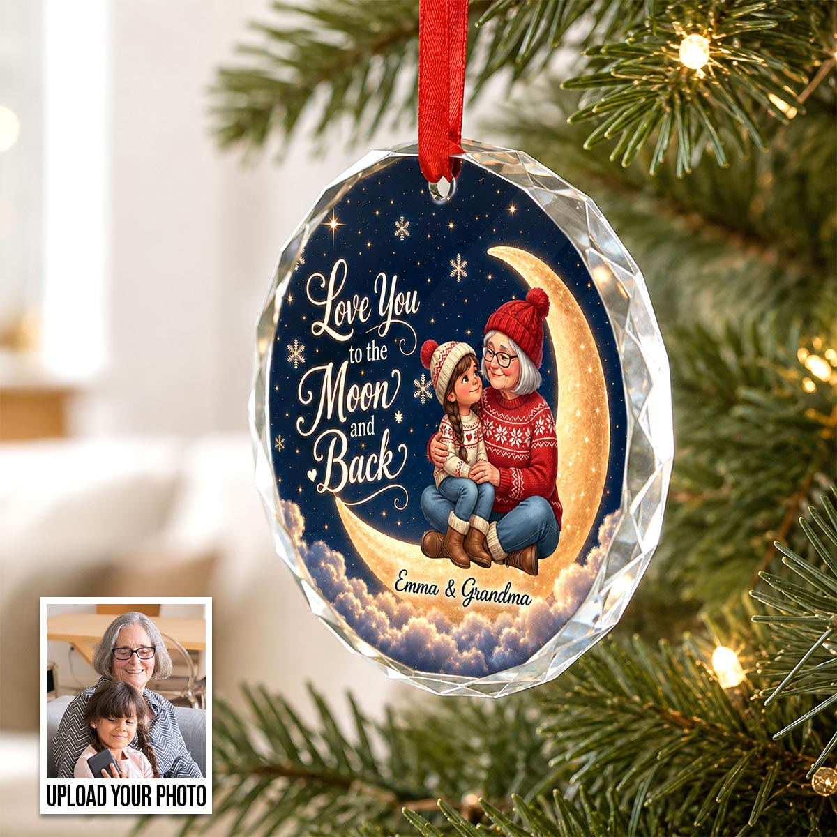 Love You To The Moon And Back Grandma Grandkid Portrait From Your Photo - Personalized Glass Ornament - Christmas Gift For Grandchildren
