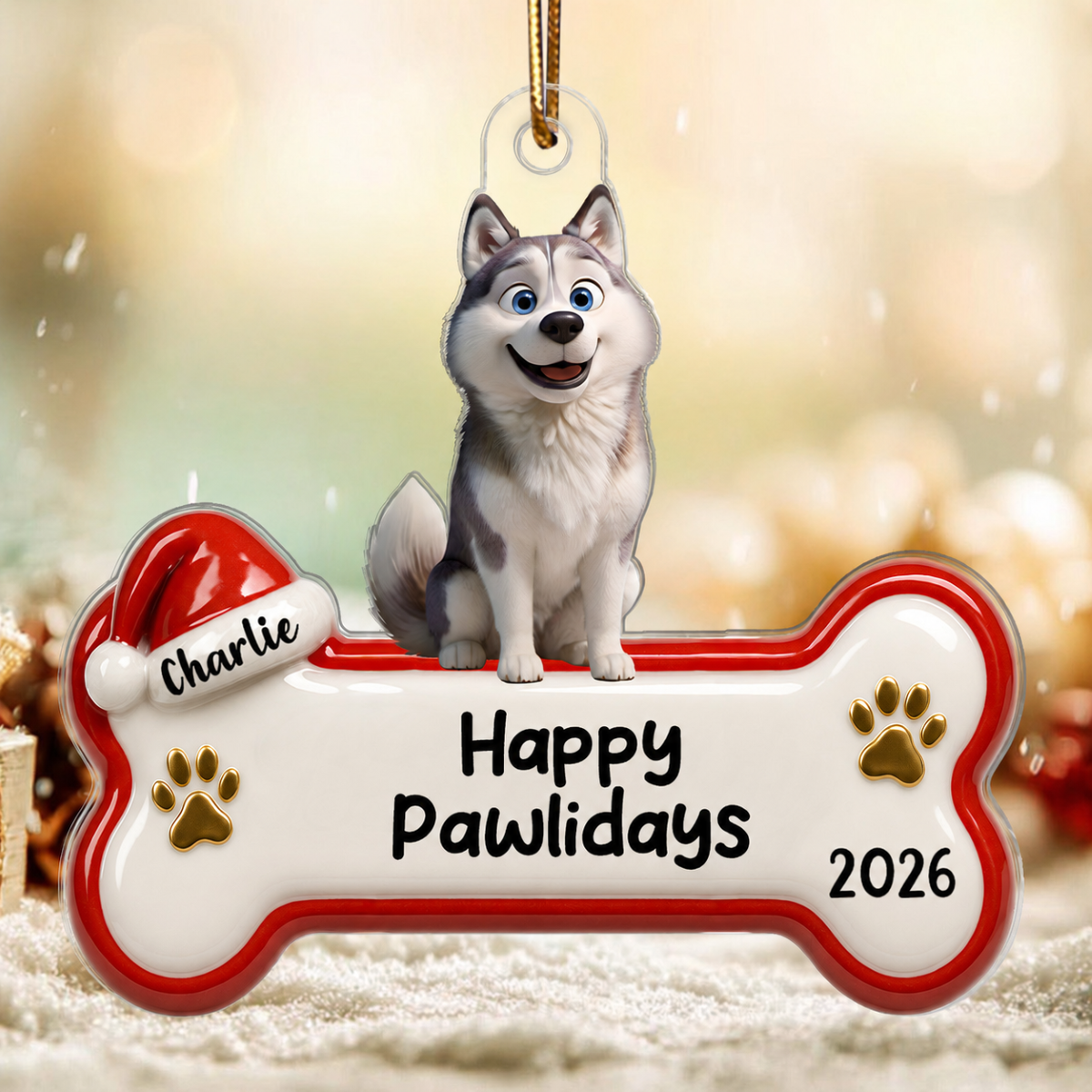 Happy Pawlidays Cartoon Dog 3D Effect - Personalized Acrylic Ornament - Christmas Decor For Dog Lovers