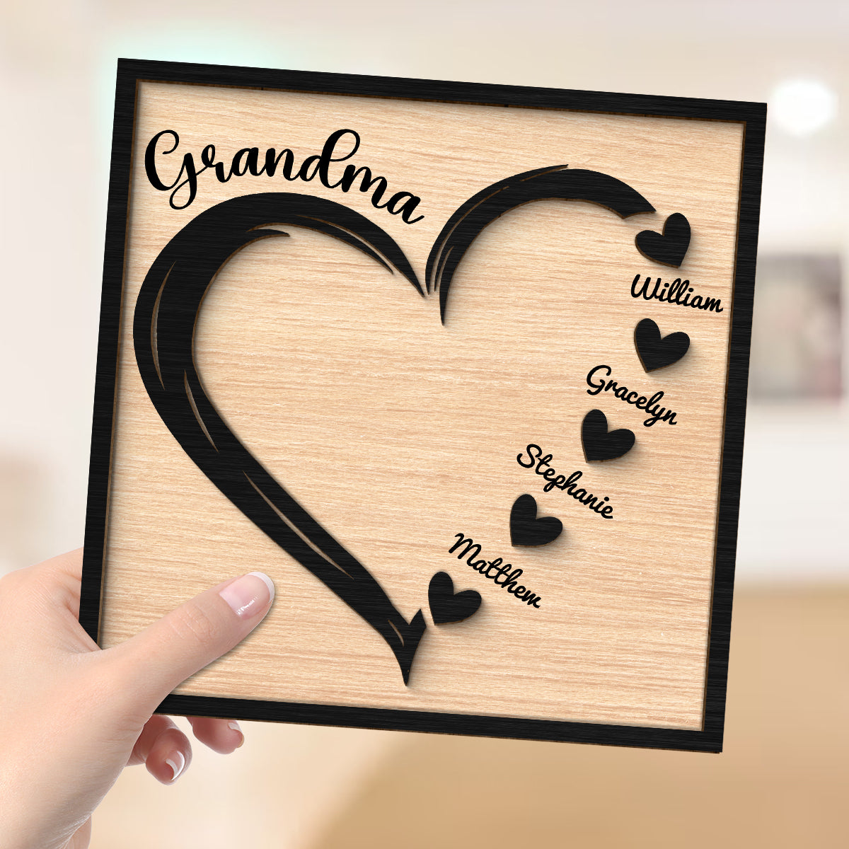 Grandma Mom Hearts With Kids Names Personalized 2-layer Wooden Plaque