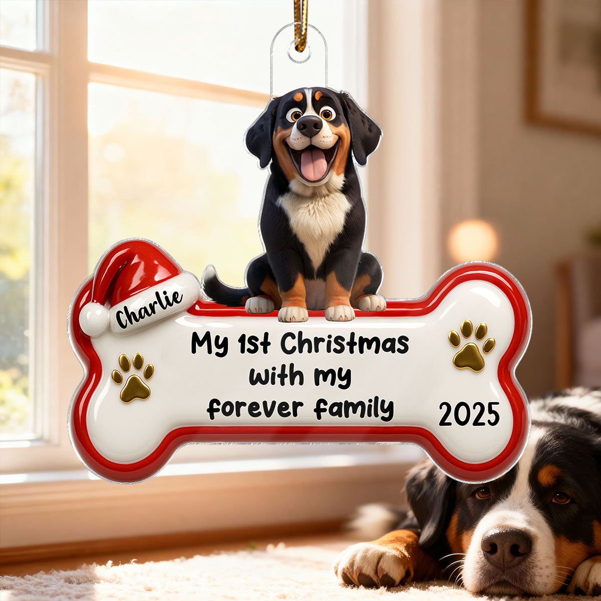 1st Christmas With Forever Family Cartoon Dog 3D Effect - Personalized Acrylic Ornament