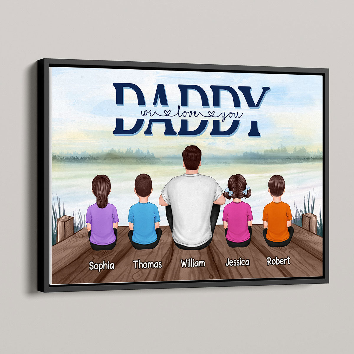 Dad And Kids Sitting Back View Lake Personalized Horizontal Poster