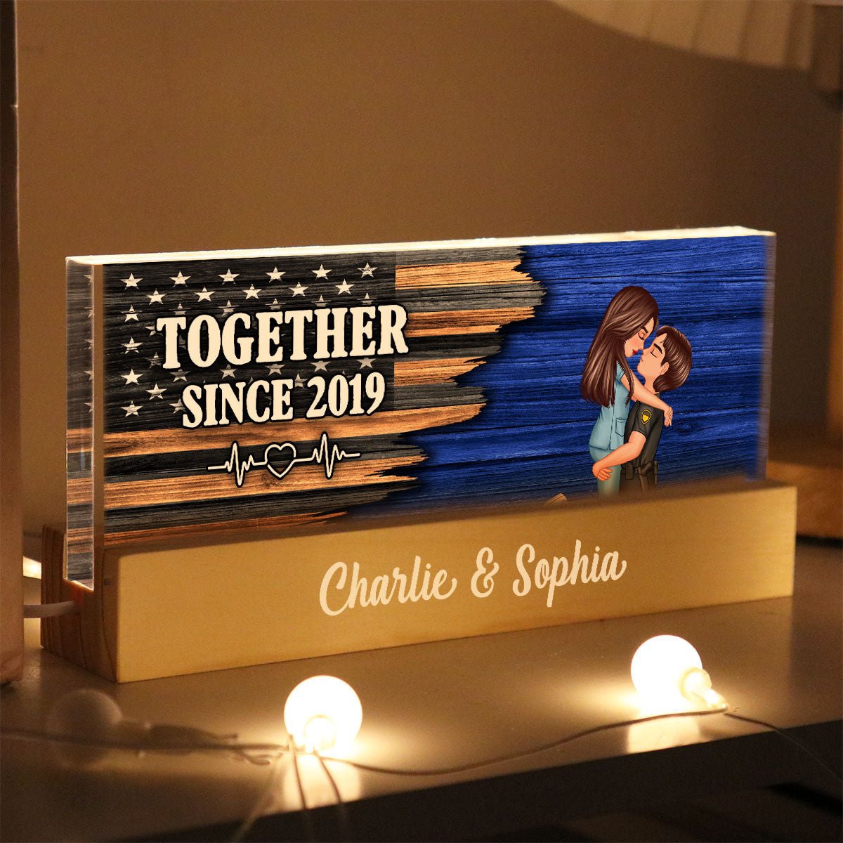 Hero Couple Hugging Kissing Half Flag  Gift by Occupation Personalized Acrylic Block LED Night Light