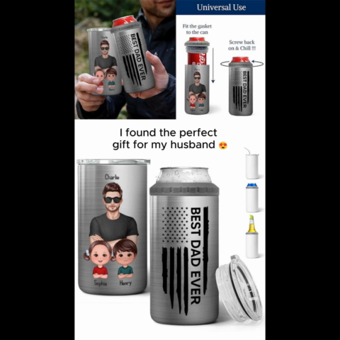 Best Dad Papa Grandpa Ever Man & Kids Nation Flag Father‘s Day Gift For Husband Father Figures Personalized 4 In 1 Can Cooler